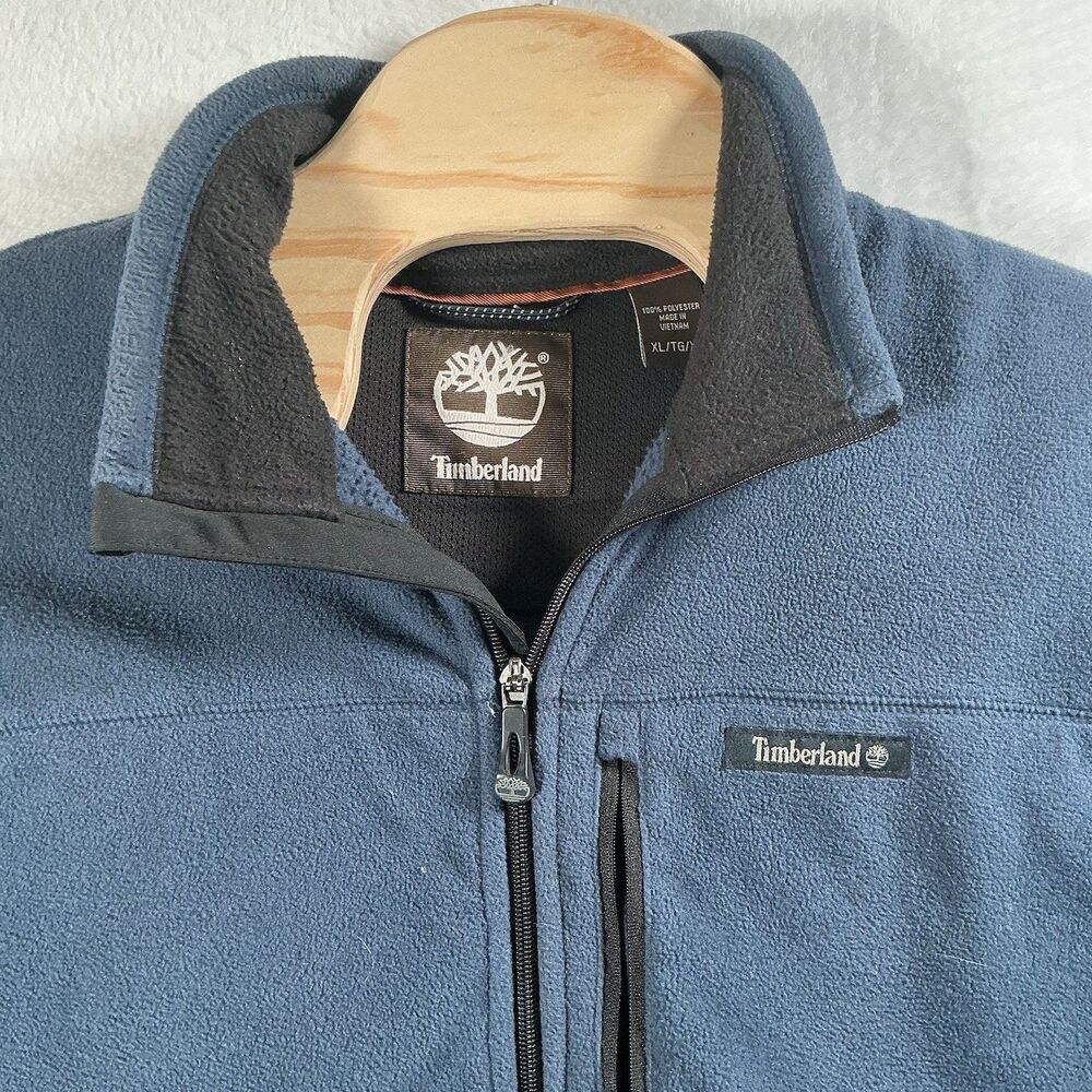 Timberland Jacket Mens XL Blue Full Zip Fleece Outdoor Hiking Chest Pocket Logo